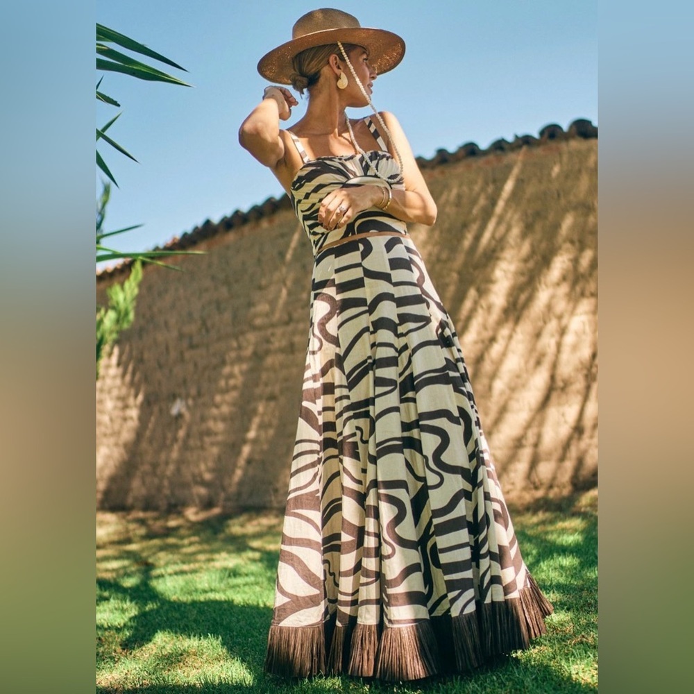 Antonio Melani MG Style Somers Linen Blend Swirl Pattern Maxi Raffia Skirt Set - Picture 2 of 16